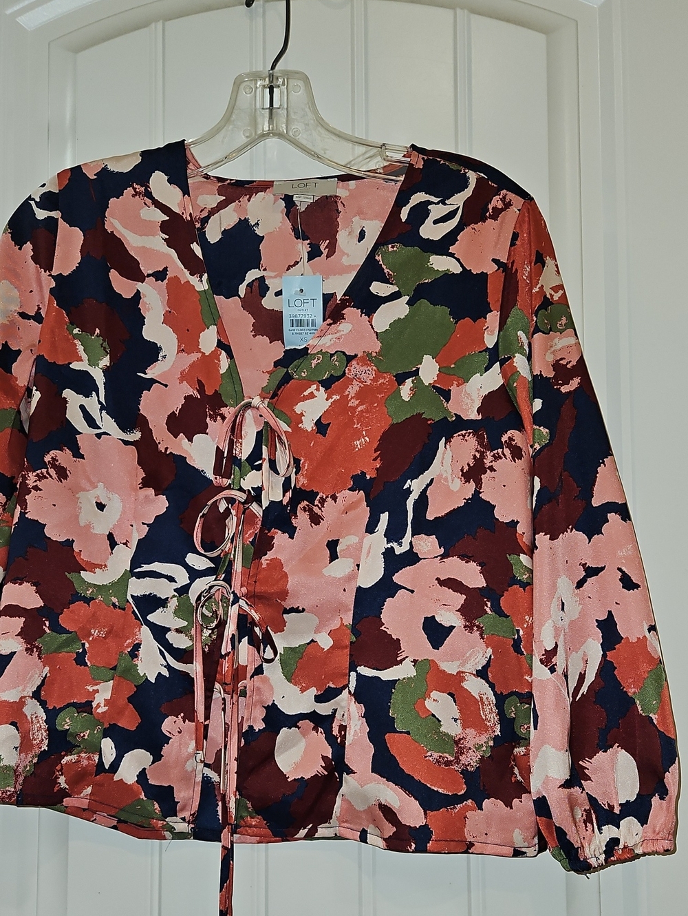 LOFT Navy Pink Rust Green Floral Tie-Front Blouse